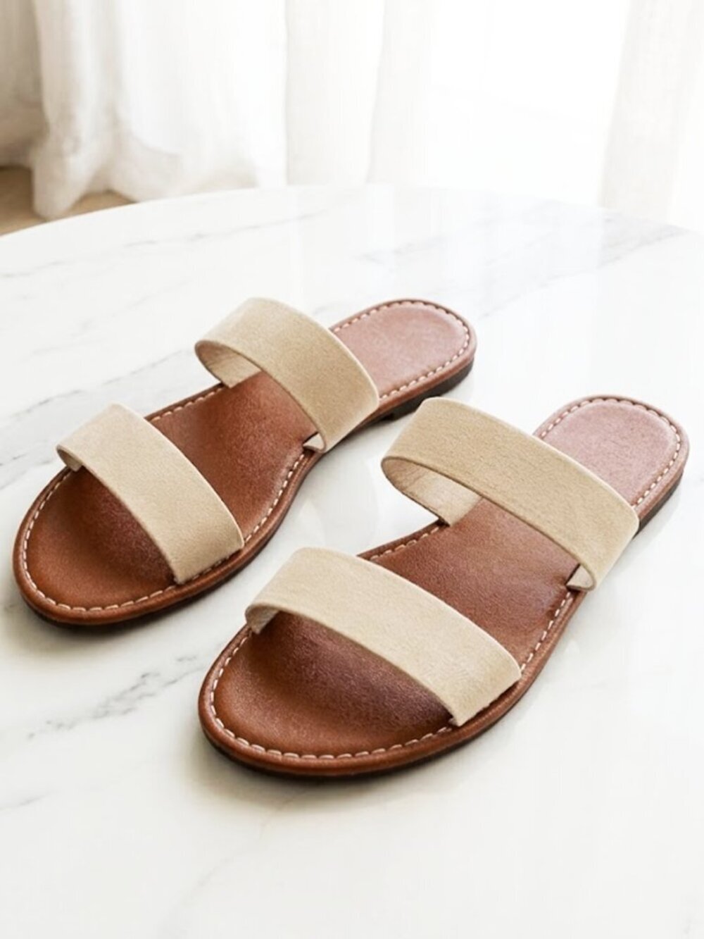 Cream Double-Strap Slide Sandals